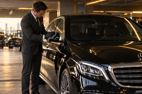 Chauffeur in leather gloves polishing the mirror of a black Mercedes-Benz S-Class