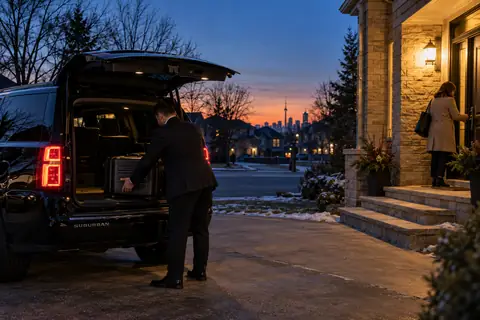 Chauffeur loading a suitcase into a black SUV in a Toronto driveway before sunrise