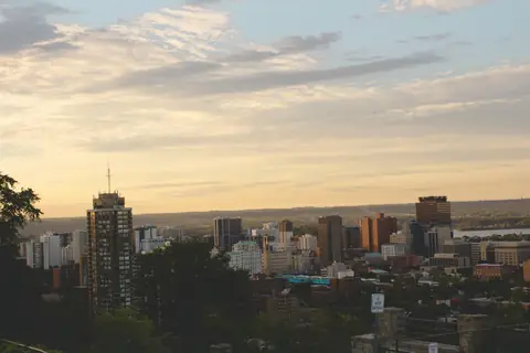 Downtown Hamilton skyline at sunset