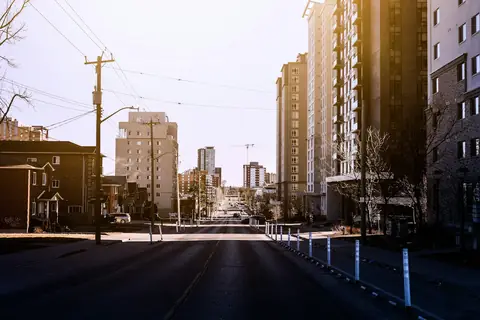 City street with towers in Kitchener-Waterloo