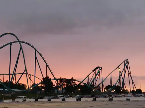 Roller coasters at Canada's Wonderland in Vaughan at sunset