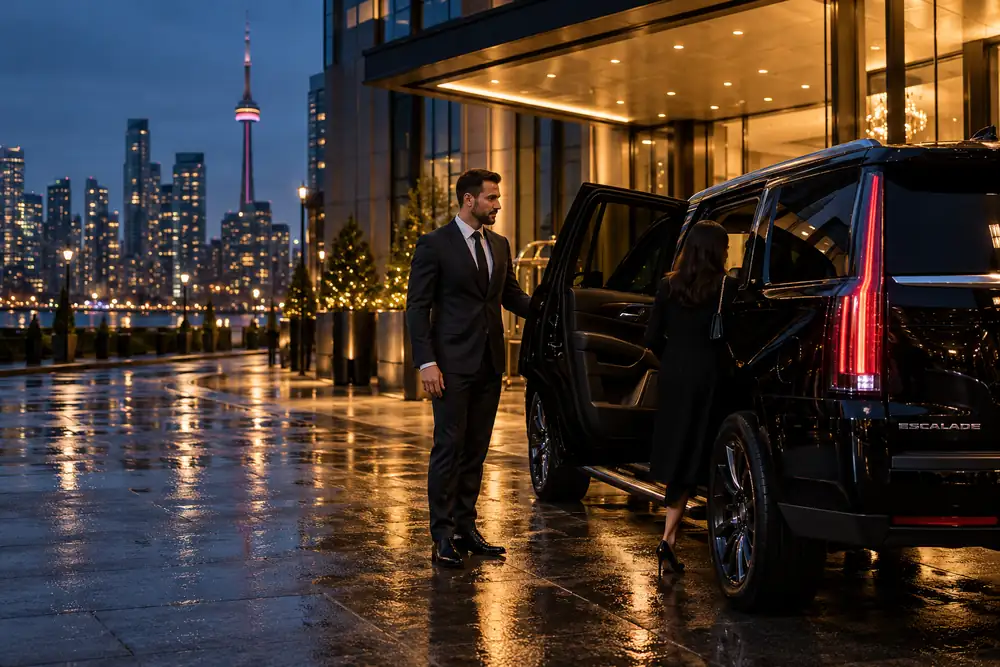 Chauffeur holding the rear door of a black Cadillac Escalade outside a downtown Toronto hotel at blue hour