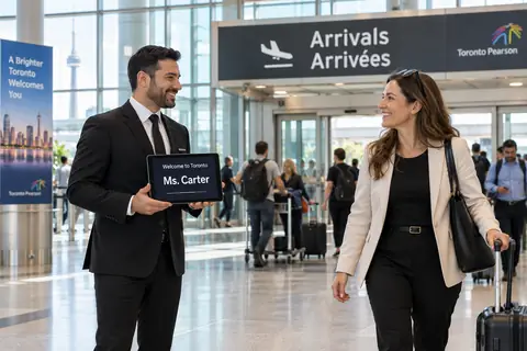 Chauffeur greeting a traveller with her name on a tablet in the arrivals hall