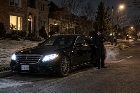 Black sedan waiting with its headlights on outside a home before dawn