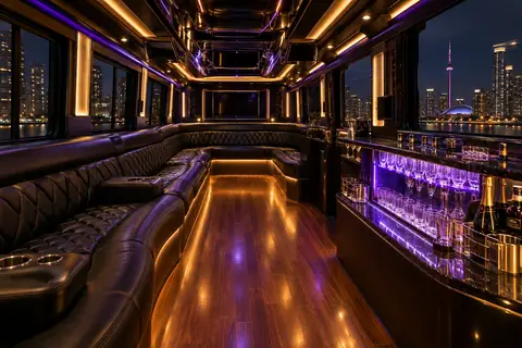 Party bus interior with leather lounge seating and LED lighting
