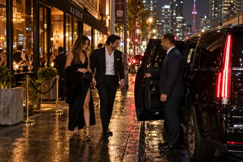 Chauffeur holding the door of a black Escalade for a couple leaving a King Street restaurant at night